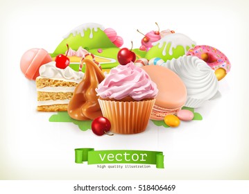 Sweet shop. Confectionery and desserts, cake, cupcake, candy, caramel. 3d vector illustration