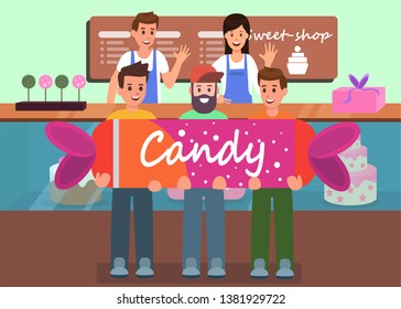 Sweet Shop Creative Advertising Flat Vector Banner Illustration Friendly Greeting Professional Bakery Staff Glad Satisfied Male Customers Standing with Big Candy in Wrapping Best Service Landing Page