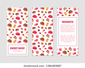 Sweet Shop Desserts Banner Templates Set with Tasty Sweets Pattern and Place for Text, Candy Store, Cafe, Confectionery, Bakery Design Element Vector Illustration