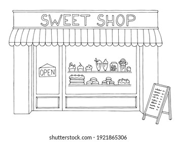 Süßwarengeschäft Außenkonfektioniererei mit schwarz-weißer Skizze, Vektorgrafik