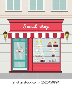 Sweet shop in a flat style. Classic facade of London, Paris and other European cities.  