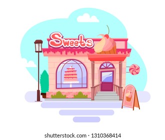 Sweet shop. Funny pastry shop or bakery. Vector graphics in cartoon style.