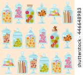 Sweet shop. Glass jars of various forms with different candies. Seamless background pattern. Vector illustration