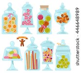 Sweet shop. Glass jars of various forms with different candies. Vector illustration