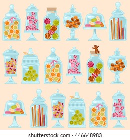 Sweet shop. Glass jars of various forms with different candies. Seamless background pattern. Vector illustration