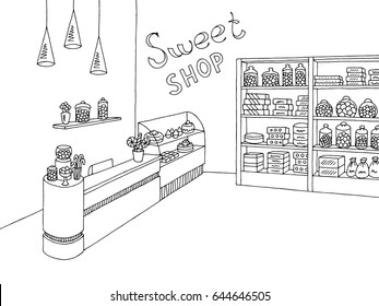 Sweet shop graphic black white interior sketch illustration vector