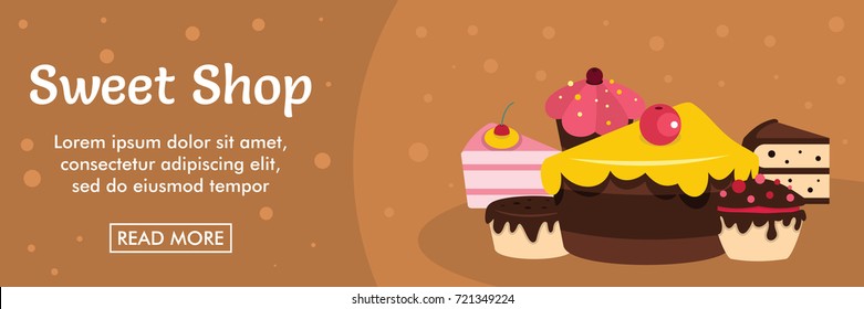 Sweet shop horizontal banner. Sweet cakes vector illustration in flat style for web