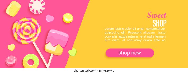 Sweet shop horizontal banner with candy, marmalade, marshmallows and place for text for your design. Great for kids menu, caffee, posters, web, cards, cafeteris advertise.Template vector illustration.