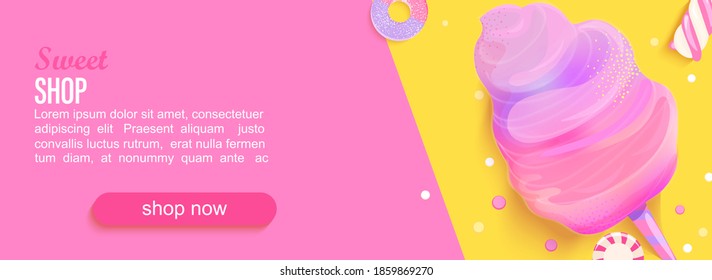 Sweet shop horizontal banner with cotton candy,marmalade, marshmallows,place for text for your design. Great for kids menu,caffee,posters,web, cards, cafeteris advertise.Template vector illustration.