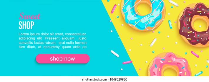 Sweet shop horizontal banner with donuts and place for text for your design. Great for kids menu, caffee, posters, web, cards, cafeteris advertise.Template vector illustration.