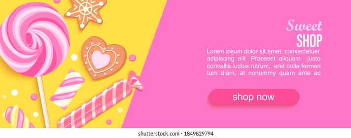 Sweet shop horizontal banner with sweets, cookies, marmalade and place for text for your design. Great for kids menu, caffee, posters, web,cards, cafeteris advertise.Template vector illustration.