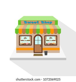 Sweet shop icon with long flat shadow on white background. Sweet shop facade, commercial building. Vector illustration, EPS10.