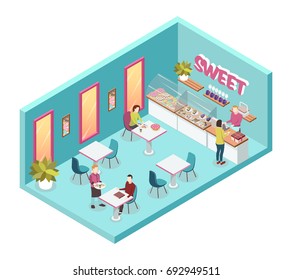 Sweet shop inside with waiters and consumers, counter, showcases with desserts, tables and chairs isometric vector illustration