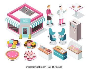 Sweet shop isometric set with macaroons, donuts, cupcakes, pie, baker and waiter, interior elements isolated vector illustration