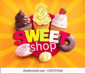 Sweet shop label. Promo background for desserts store. Vector illustration.