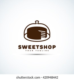 Sweet shop logo template design with chocolate cake. Vector illustration.