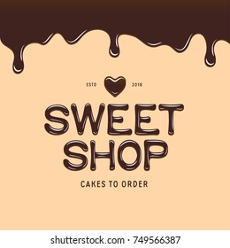 Sweet shop logotype template. Chocolate style text and heart. Bakery or cake store advertising emblem. Vector illustration.