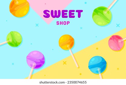 Sweet shop lollipop background banner colorful flat. Geometric flyer poster sign advertising candy store packaging rainbow colorful lollipop sugar caramel cartoon memphis cute kids style