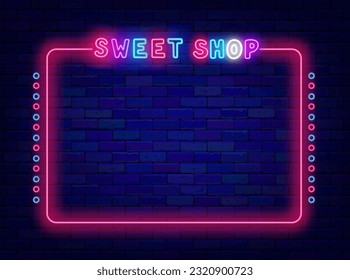Sweet shop neon banner. Empty pink retro frame. Space for text. Night show advertising. Cafe and restaurant greeting card. Candy bar flyer. Glowing poster. Vector stock illustration