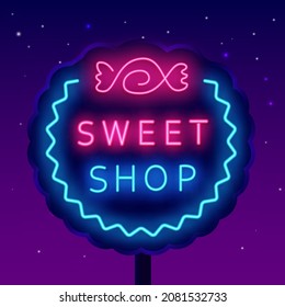 Sweet shop neon billboard with candy. Night bright signboard. Luminous label. Outer glowing effect banner. Editable stroke. Isolated vector stock illustration