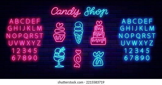 Sweet shop neon icons collection. One line drawing. Cupcake, candy, cake and ice cream icons. Glowing emblem. Blue and pink alphabet. Light banner. Party design. Vector stock illustration