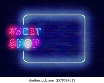 Sweet shop neon invitation. Bakery market. Candy bar store. Light greeting card. Vector stock illustration