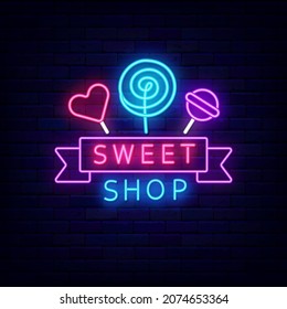 Sweet shop neon sign with candy. Retro logo with ribbon. Night bright signboard on brick wall background. Logo for cafe and restaurant. Luminous label. Editable stroke. Vector stock illustration