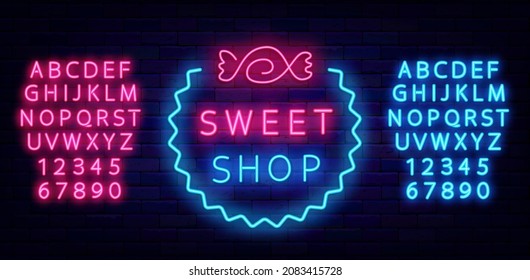 Sweet shop neon sign with candy. Night bright alphabet on brick wall background. Shiny label. Outer glowing effect poster. Editable stroke. Isolated vector stock illustration