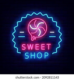 Sweet shop neon sign. Candy bar emblem. Night bright signboard on brick wall background. Luminous label. Outer glowing effect banner. Editable stroke. Isolated vector stock illustration