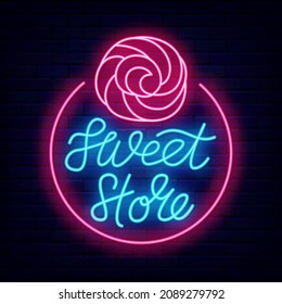 Sweet shop neon sign with lettering. Twisted pink candy. Night bright signboard on brick wall background. Luminous label. Outer glowing effect. Editable stroke. Vector stock illustration