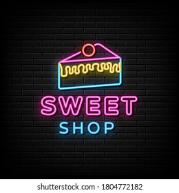 Sweet shop neon sign symbol, design element, light banner, announcement neon signboard.