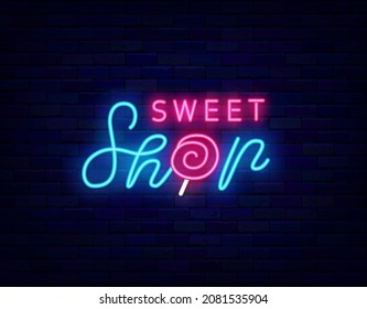 Sweet shop neon signboard. Candy bar. Lollipop. Night bright logo and promotion. Cafe sign. Outer glowing effect emblem. Editable stroke. Isolated vector stock illustration