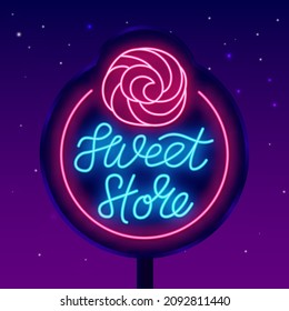 Sweet shop neon street billboard with lettering. Twisted pink candy. Night bright logo. Luminous label. Outer glowing effect. Editable stroke. Vector stock illustration