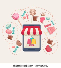 Sweet shop online store with a storefront icon with canopy, bags and buy button surrounded by assorted candy, chocolate, lollipops, toffee apple and a cake, vector illustration