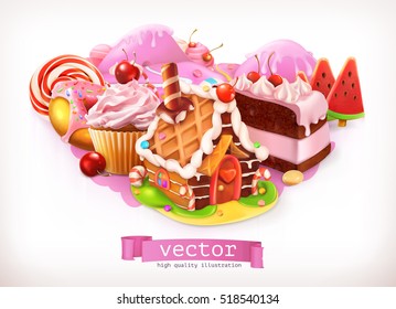 Sweet shop, pink. Confectionery and desserts, gingerbread house, cake, cupcake, candy. 3d vector illustration