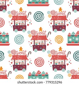 Sweet shop seamless pattern with sign Hot tea for christmas postcard, invitation, poster, banner. Mobile van with sweets, garlands, decorations, a sign with the words Sweet, cupcakes, candy, cookies.