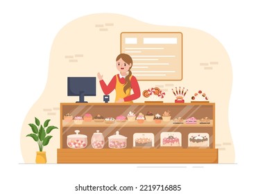 Sweet Shop Selling Various Bakery Products, Cupcake, Cake, Pastry or Candy on Flat Cartoon style Hand Drawn Templates Illustration