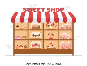 Sweet Shop Selling Various Bakery Products, Cupcake, Cake, Pastry or Candy on Flat Cartoon style Hand Drawn Templates Illustration