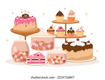 Sweet Shop Selling Various Bakery Products, Cupcake, Cake, Pastry or Candy on Flat Cartoon style Hand Drawn Templates Illustration