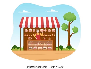Sweet Shop Selling Various Bakery Products, Cupcake, Cake, Pastry or Candy on Flat Cartoon style Hand Drawn Templates Illustration