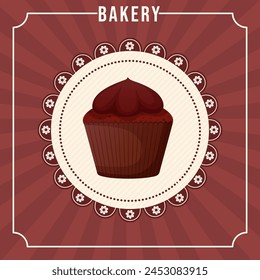 Sweet shop social media post with chocolate cupcake. Bakery poster, banner with muffin