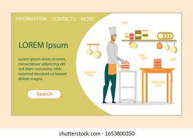 Sweet Shop Staff. Happy Confectioner in Apron and Chef Cap Decorating Beautiful Festive Cake with Fruits and Berries. Creative Hobby, Workshop Class Cartoon Flat Vector Illustration. Horizontal Banner