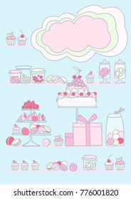 sweet shop store candy cake macaroon cupcake pink blue background. Brochure design, cover, poster, flyer in A