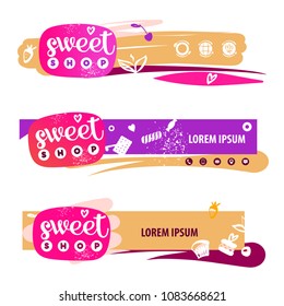 Sweet shop, store, market banner with logo. White silhouette candy, cookie and lollipop on color background. 