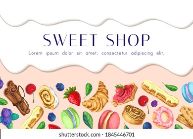 süßer Shop, Vektorhintergrund. tropfende schokolade oder creme mit süßen, desserts und beeren auf rosafarbenem Hintergrund. Süßigkeiten, Bäckerei, Konditorei mit horizontalem Banner mit Platz für Text. Design-Vorlage.