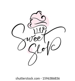 Sweet shop vector calligraphic text with logo. Sweet cupcake with cream, vintage dessert emblem template design element. Candy bar birthday or wedding invitation.