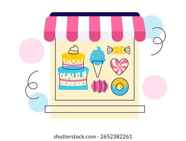 Sweet Shop Vetor Illustration Apresentando a venda de vários produtos de padaria, bolos, bolos, pastéis ou doces em um plano de fundo de desenhos animados estilo
