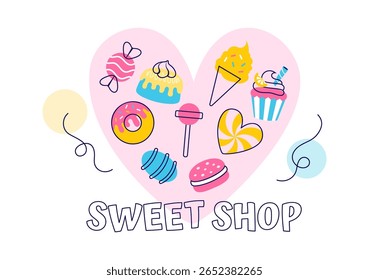 Sweet Shop Vetor Illustration Apresentando a venda de vários produtos de padaria, bolos, bolos, pastéis ou doces em um plano de fundo de desenhos animados estilo