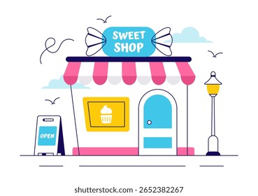 Sweet Shop Vetor Illustration Apresentando a venda de vários produtos de padaria, bolos, bolos, pastéis ou doces em um plano de fundo de desenhos animados estilo