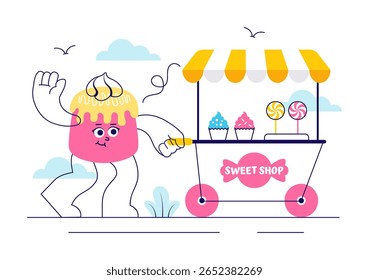 Sweet Shop Vetor Illustration Apresentando a venda de vários produtos de padaria, bolos, bolos, pastéis ou doces em um plano de fundo de desenhos animados estilo
